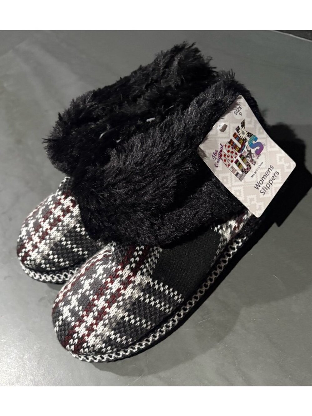 Mukluks Womens Size L 9 Melinda Furpa Cuff BOOTIES Slippers Plaid Black new
